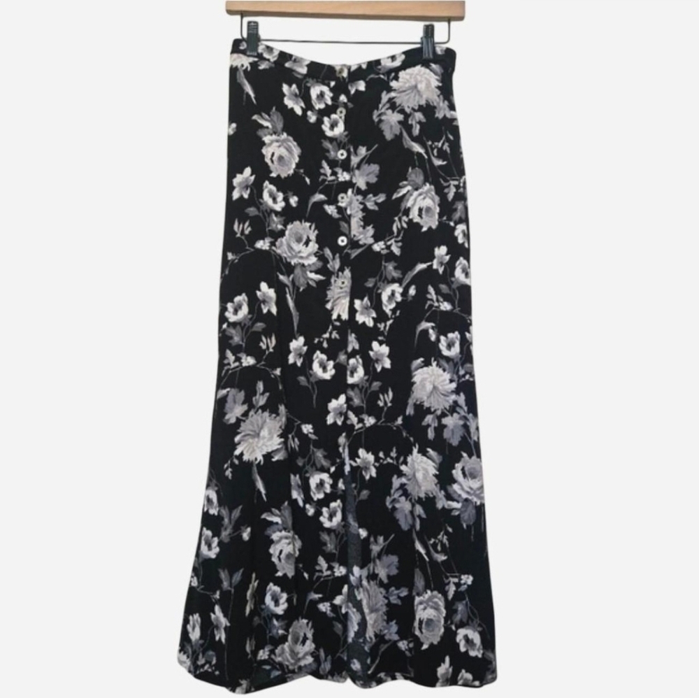 Floral Black Maxi Skirt Front Slit Size Small